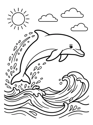 Coloring page of a dolphin leaping out of curling ocean waves with water droplets spraying around it, a sun and clouds in the sky above