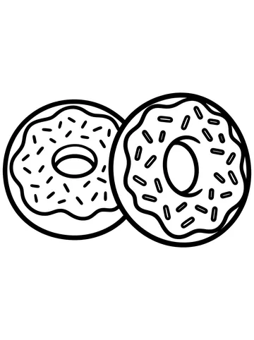 Two large round frosted donuts with oval sprinkles scattered all over, shown side by side with thick outlines