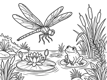 Coloring page of a large dragonfly with four detailed veined wings hovering above a lily pad pond where a frog sits, with cattails, water plants, and a lotus flower