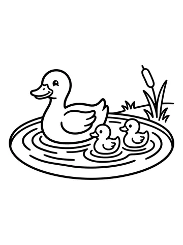 Coloring page of a mother duck with two tiny ducklings floating on a round pond with water ripples and a cattail plant on the bank