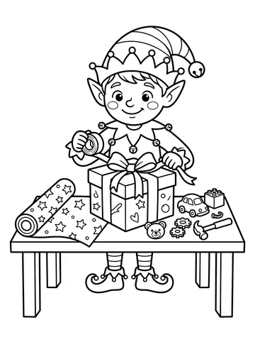 A smiling elf in a jingle bell hat and curly-toed shoes wrapping a large gift box at a table, with a roll of star-patterned wrapping paper, a toy car, building blocks, gears, and a hammer nearby