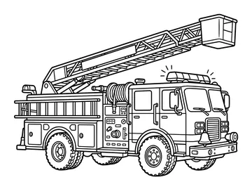 Coloring page of a large fire engine with a tall extended aerial ladder, hose reel, side compartments, large knobby tires, and flashing lights on the roof
