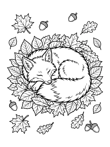 A sleeping fox curled into a ball on a wreath of autumn leaves, its bushy tail wrapped around its body, with more leaves and acorns scattered around it