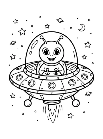 Coloring page of a big-eyed smiling alien with two antennae piloting a classic round flying saucer with a dome cockpit, joystick controls, circular lights on the rim, and stars and planets around it