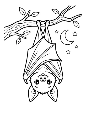 A cute cartoon bat hanging upside down from a tree branch, wings folded around its body, big eyes and smile, with a crescent moon and stars in the background