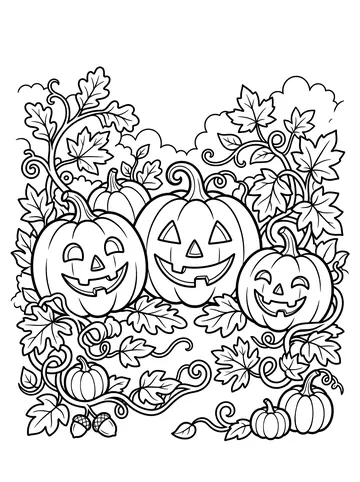 Three smiling jack-o-lanterns with triangle eyes and toothy grins nestled among curling vines, large maple leaves, and small pumpkins