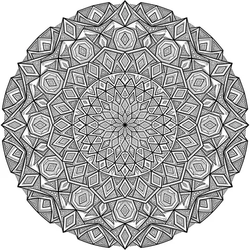 Complex circular geometric mandala with repeating diamond shapes, triangles, pentagons, and fine dot patterns arranged in dense concentric rings