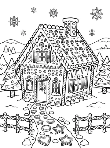 A detailed gingerbread house with candy cane roof decorations, round candy buttons on the walls, icicles, a pretzel-style fence, and a cookie-shaped path, surrounded by decorated Christmas trees and snowflakes