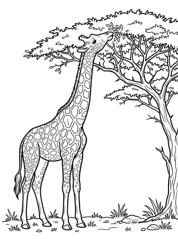Coloring page of a giraffe stretching its long neck upward to nibble leaves from the top of an acacia tree, its large patch pattern covering the neck and body