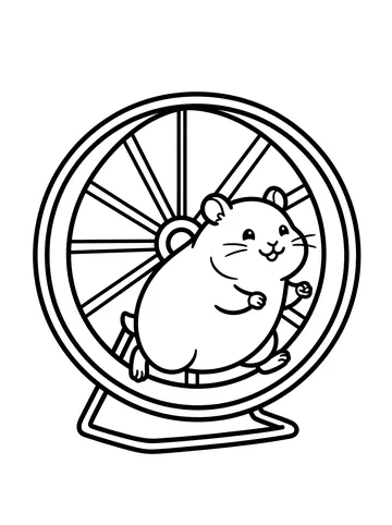 Coloring page of a chubby smiling hamster running inside a large exercise wheel with spokes, mounted on a base