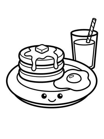 Cute smiling round plate with a stack of three pancakes with syrup and butter, a fried egg, and a tall glass with a straw