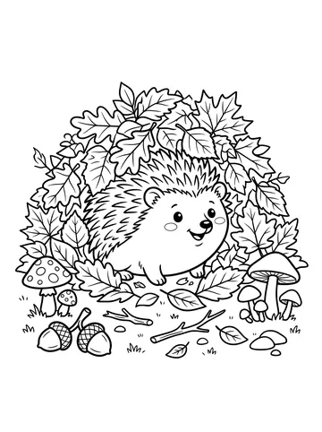 A smiling hedgehog with visible spines on its back peeking out from under a mound of autumn leaves, with mushrooms and acorns on the ground nearby