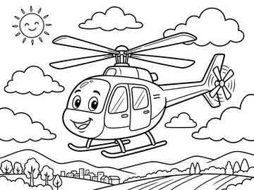 Coloring page of a friendly cartoon helicopter with a smiling face, main rotor blades, tail rotor, and skid landing gear flying above a landscape with clouds and a sun