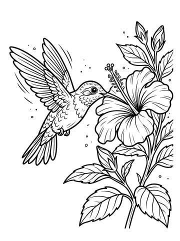 Coloring page of a hummingbird hovering with wings spread wide sipping nectar from a large hibiscus flower with leaves and stem