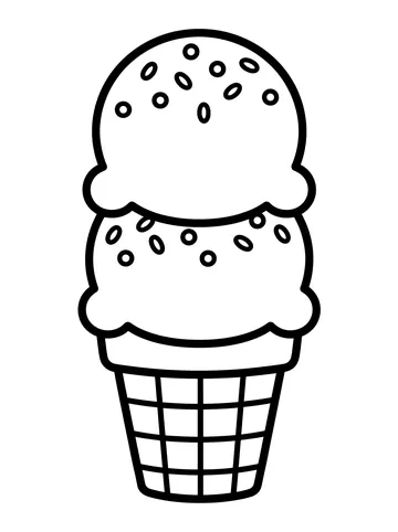 Simple coloring page of a double-scoop ice cream cone with oval sprinkles on both scoops and a waffle-grid cone
