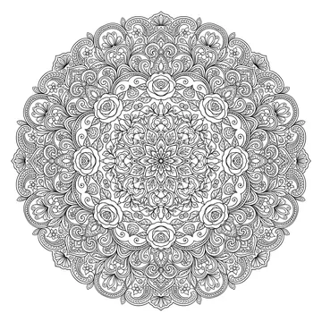 Intricate circular floral mandala with layered roses, scrolling vines, paisley shapes, and tiny flowers arranged in symmetrical concentric rings