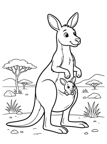 Coloring page of a kangaroo standing upright with a tiny joey peeking out from its front pouch, outback trees and rocky hills in the background
