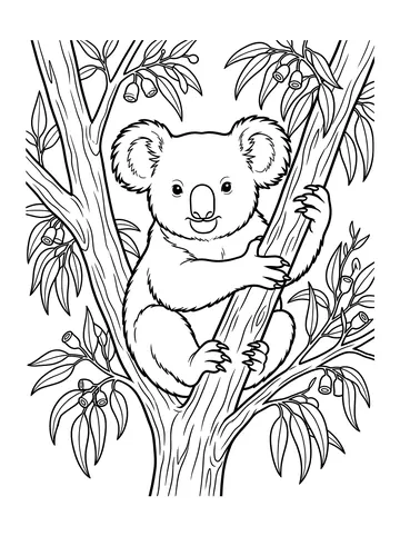Coloring page of a koala gripping a eucalyptus tree trunk with both clawed hands, surrounded by long narrow leaves and small seed pods