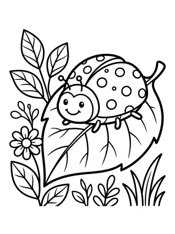 Coloring page of a plump smiling ladybug with round spots on its round wings clinging to a large leaf with veins, surrounded by smaller leaves, a flower stem, and grass