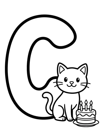 Large bubble letter C with a cute smiling cat sitting inside the curve and a small birthday cake with three candles in front of it