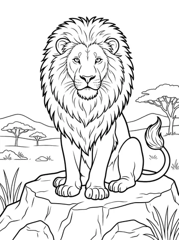 Coloring page of a majestic male lion sitting on a rock on the savanna, with a large flowing mane, acacia trees and rolling hills in the background