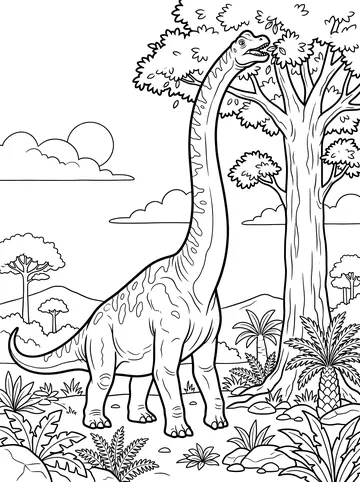 A long-necked brachiosaurus stretching its neck up to eat leaves from the top of a tall tree, with its massive body and four legs visible, prehistoric plants and ferns around it, and clouds in the sky