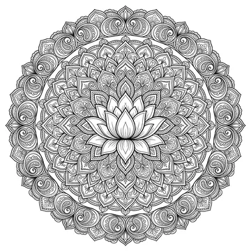 Intricate circular lotus mandala with an open lotus bloom at center surrounded by layered petal rings, paisley scrollwork, and fine dot patterns filling every section