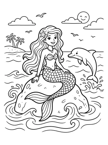 Coloring page of a smiling mermaid with long flowing hair and a scalloped fish tail sitting on a rounded ocean rock, a dolphin leaping beside her, waves below, seagulls and a smiling sun above