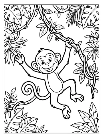 Coloring page of a smiling monkey hanging from a jungle vine with one hand, other arm outstretched, a curling tail and tropical leaves surrounding it