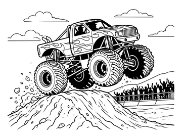Coloring page of a monster truck with huge knobby tires and flame decorations soaring over a dirt mound with a cheering crowd in the background