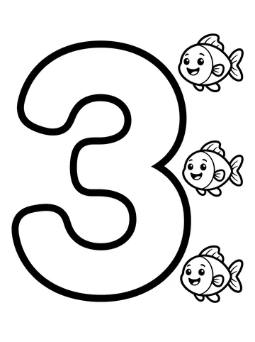 Large bubble number 3 with three cute round smiling fish with fins and tails arranged beside it
