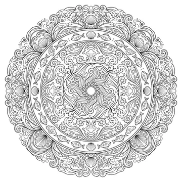 Circular ocean mandala with spiraling waves at center, rings of small fish and shells, coral and seafoam scrollwork filling the outer border