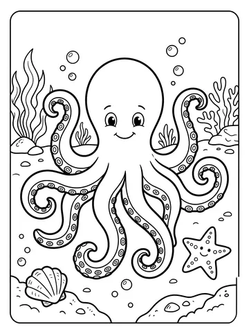 Coloring page of a smiling octopus with eight curling tentacles covered in sucker circles on the sea floor, a clamshell and a starfish nearby with seaweed in the background