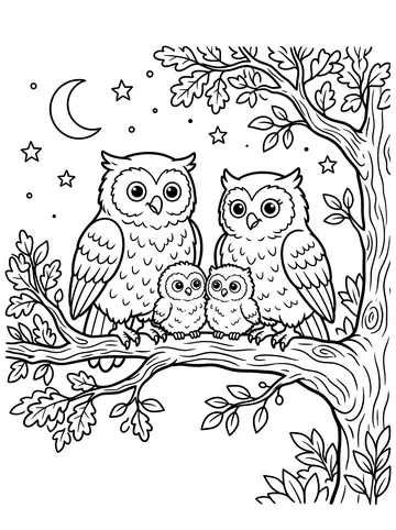 Coloring page of two large parent owls and two small fluffy owlets perched together on a wide tree branch, with leaves on the branches, a crescent moon, and stars in the night sky behind them