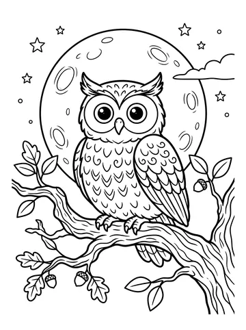 A round owl with large eyes and detailed feathers perched on a gnarled oak branch with a large full moon behind it, acorns and oak leaves on the branch, stars in the sky
