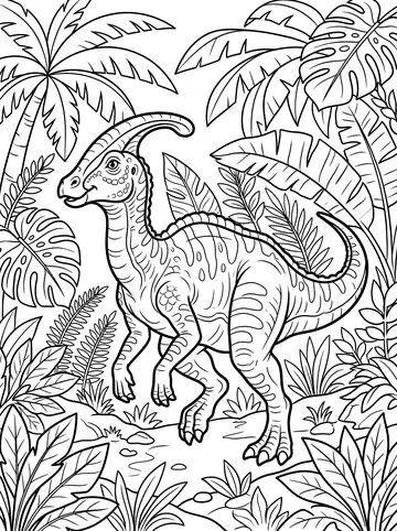Coloring page of a parasaurolophus with its long curved head crest walking through a dense tropical jungle of palm fronds, monstera leaves and ferns