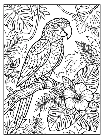 Coloring page of a parrot perched on a branch surrounded by large monstera leaves, vines, and a hibiscus flower