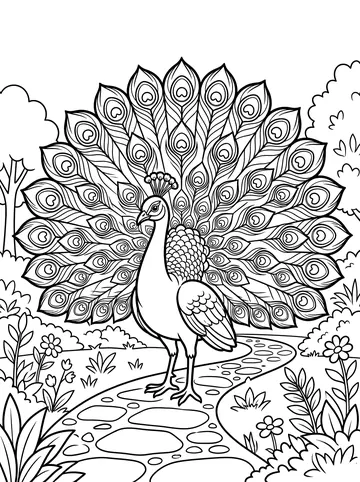 Coloring page of a peacock standing on a garden path with its magnificent tail feathers fanned out in a full display, each long feather showing a detailed eye pattern, with trees and flowers in the background