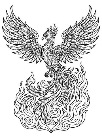 Coloring page of a majestic phoenix with intricate layered feather patterns, wings spread wide, rising from swirling flames and fire below, long flowing tail feathers curling in the blaze