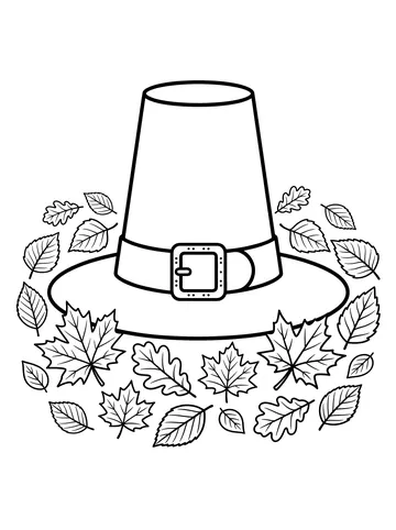 A tall black pilgrim hat with a square buckle and band centered on the page, surrounded by a ring of autumn maple, oak, and birch leaves of different shapes