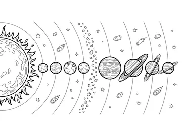 Coloring page of all eight planets and the sun arranged in a wide row, each showing distinct surface patterns and rings where applicable, with the asteroid belt between Mars and Jupiter and stars throughout