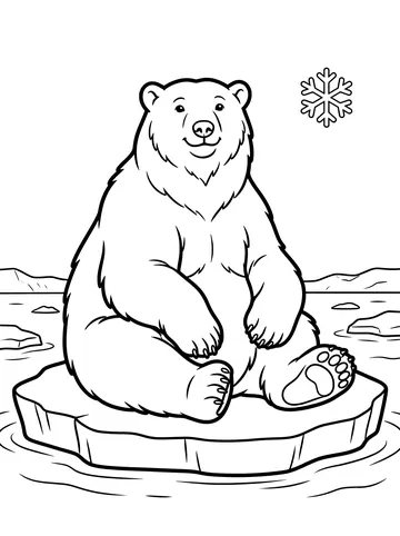 Coloring page of a large polar bear sitting on a flat ice floe surrounded by Arctic ocean water, a decorative snowflake in the upper corner