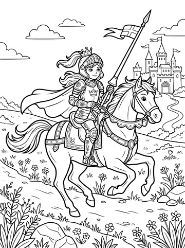 Coloring page of a princess in ornate armor and a crown riding a cantering horse along a meadow path, carrying a long lance with a banner, a castle visible in the distance