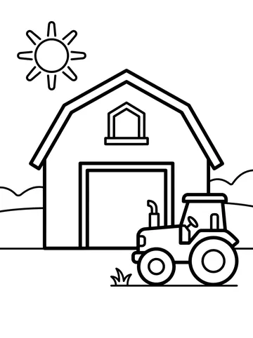 Coloring page of a large barn with a peaked roof and wide open door, a tractor parked beside it and a sun shining in the corner of the sky