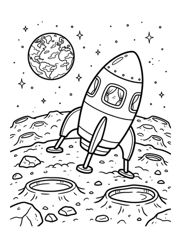 Coloring page of a cartoon rocket with landing legs touching down on the cratered moon surface, with Earth visible in the starry sky above and moon rocks and craters surrounding the spacecraft