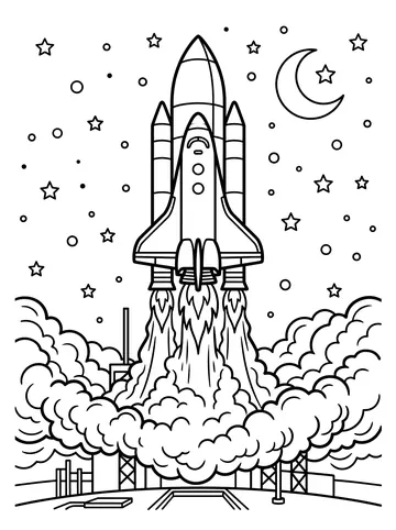 Coloring page of a space shuttle-style rocket launching upward with three engine nozzles, surrounded by billowing smoke clouds at the base and stars and a crescent moon above