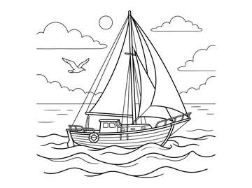 Coloring page of a wooden sailboat with a tall mast and large triangular sails riding ocean waves, with a seagull flying nearby, clouds, and a sun in the background