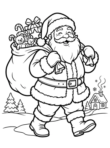 A jolly Santa Claus in suit with belt and boots walking and laughing, carrying a large sack overflowing with toys and candy canes, with a snowy village scene behind him