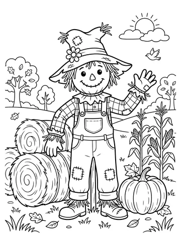A cheerful scarecrow in a floppy patched hat and overalls standing beside two round hay bales with corn stalks and a pumpkin nearby, sun and clouds in the sky