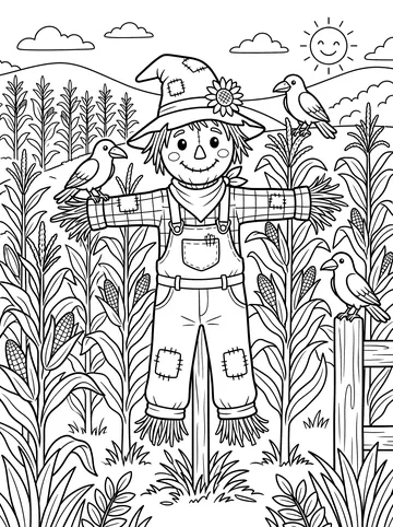 A cheerful scarecrow in a patched floppy hat and overalls standing in a corn field with two crows perched on its outstretched arms and one on a fence post, a smiling sun above